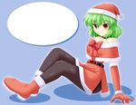  bare_shoulders belt black_legwear blue_background bococho boots choker christmas elbow_gloves fur_trim gloves green_hair hat kazami_yuuka pantyhose red_eyes red_gloves santa_costume santa_hat short_hair sitting slit_pupils smile solo touhou 