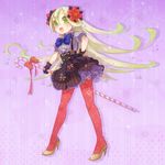  bad_id bad_pixiv_id candy candy_cane christmas dress flower food high_heels holding holding_candy_cane inase legs original pantyhose poinsettia print_legwear red_legwear shoes solo 