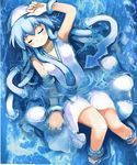  blue_hair closed_eyes dress hat ikamusume long_hair partially_submerged shiawase_usagi shinryaku!_ikamusume solo tentacle_hair water 