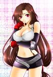  breasts brown_hair cleavage final_fantasy final_fantasy_vii fragran0live gloves highres large_breasts legs long_hair low-tied_long_hair navel ponytail red_eyes solo thighs tifa_lockhart 