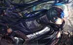  alphonse_(white_datura) bikini_top black_rock_shooter black_rock_shooter_(character) blue_eyes chain coat highres long_hair ringed_eyes scar solo twintails wallpaper 