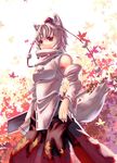  animal_ears bare_shoulders detached_sleeves glaring hat inubashiri_momiji jpeg_artifacts leaf_print red_eyes short_hair silver_hair solo sukocchi sword tail tokin_hat touhou turtleneck weapon white_hair wolf_ears wolf_tail 