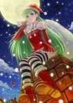  bad_id bad_pixiv_id boots chimney christmas cloud docoi dress elbow_gloves full_moon fur_boots gloves green_hair moon original red_gloves santa_boots santa_costume sitting snow solo striped striped_legwear thighhighs ugg_boots 