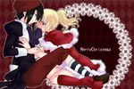  1girl beret black_hair blonde_hair boots christmas hat kanon_(umineko) koougi ponytail umineko_no_naku_koro_ni ushiromiya_jessica 