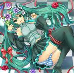  aqua_eyes aqua_hair bad_anatomy blue_door bow detached_sleeves flower hair_bow hair_flower hair_ornament hatsune_miku long_hair necktie panties ribbon solo striped striped_panties thigh_ribbon thighhighs twintails underwear vocaloid 