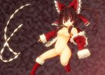  bow breasts brown_hair gohei hair_bow hakurei_reimu kenmohororo navel nipples nude open_clothes ponytail pussy red_eyes santa_costume small_breasts solo touhou uncensored 