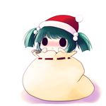  blush chibi fur_trim green_hair hair_bobbles hair_ornament hat in_container kisume o_o sack santa_hat simple_background solid_oval_eyes solo touhou two_side_up yume_shokunin 