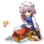  3girls :&lt; :x aki_minoriko aki_shizuha blonde_hair chibi chibi_inset dying_message food fruit grapes grey_eyes hat kei_kei letty_whiterock lowres multiple_girls o_o pink_hair short_hair sweet_potato tears touhou 