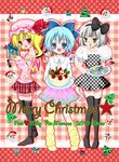  alternate_costume bad_id bad_pixiv_id baggy_clothes black_legwear blonde_hair blue_eyes blue_hair bow cake christmas cirno cookie dessert dress flandre_scarlet food ghost gingerbread_cookie green_eyes hair_bow hairband konpaku_youmu konpaku_youmu_(ghost) momose_rin multiple_girls plaid polka_dot polka_dot_dress ponytail red_eyes short_hair side_ponytail silver_hair thighhighs touhou wings 