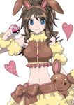  animal_ears bare_shoulders blue_eyes brown_hair buneary bunny_ears cosplay heart long_hair navel pixiv_thumbnail poke_ball pokeball pokemon pokemon_(game) pokemon_black_and_white pokemon_bw ponytail resized smile touko_(pokemon) white_(pokemon) yukashi1030 