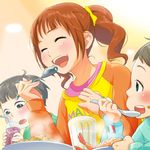  black_hair blush brown_hair closed_eyes eating food idolmaster idolmaster_(classic) open_mouth raglan_sleeves solo_focus spoon takatsuki_yayoi twintails yachiwo 