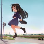  bag black_hair fang field giantess loafers long_hair meow_(nekodenki) midriff mirror original power_lines puddle red_eyes road school_bag school_uniform serafuku shadow shoes skipping solo street telephone_pole traffic_mirror 