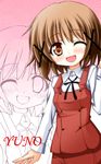  brown_eyes brown_hair hair_ornament hidamari_sketch one_eye_closed school_uniform short_hair solo taroimo x_hair_ornament yuno zoom_layer 