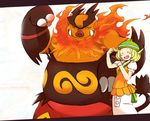  arm_flex bel_(pokemon) bell_(pokemon) beret blonde_hair closed_eyes dress emboar enbuoh eyes_closed fangs flex flexing happy hat open_mouth pixiv_thumbnail pokemon pokemon_(game) pokemon_black_and_white pokemon_bw pose resized short_hair 