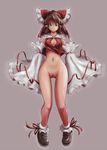  ao_usagi bottomless bow breasts brown_hair cleavage cleavage_cutout detached_sleeves green_eyes hair_bow hakurei_reimu large_bow medium_breasts navel pigeon-toed pun pussy solo thigh_gap touhou twintails uncensored wide_hips 