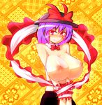  blush breasts female hat huge_breasts inverted_nipples nagae_iku nipples purple_hair ribbon touhou uzake 
