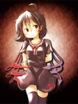  ahoge asymmetrical_wings black_hair black_legwear dress houjuu_nue red_eyes short_hair solo thighhighs togashi_yuu touhou wings zettai_ryouiki 