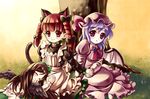  against_tree animal_ears bad_id bad_pixiv_id bat_wings bow braid brown_hair cat_ears cat_tail douji hair_bow hat holding_hands kaenbyou_rin long_hair looking_at_viewer multiple_girls red_eyes red_hair reiuji_utsuho remilia_scarlet short_hair sitting sleeves_past_wrists smile tail touhou tree twin_braids twintails wings 