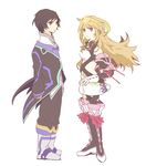  1girl bad_id bad_pixiv_id black_hair blonde_hair boots brown_eyes gloves hacho jude_mathis knee_boots long_hair milla_maxwell red_eyes tales_of_(series) tales_of_xillia white_background 