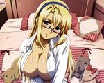  bed blonde_hair blue_eyes bridget_satellizer cleavage erect_nipples freezing glasses moriyama_yuuji no_bra open_shirt 