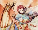  aqua_hair armor black_eyes blue_eyes blue_hair bracelet cape couple desperate earrings eirika fingerless_gloves fire_emblem fire_emblem:_seima_no_kouseki fire_emblem_sacred_stones gloves horse jewelry knight long_hair open_mouth princess red_hair sad seth short_hair shouting tears yelling 