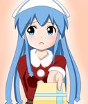  blue_eyes blue_hair duran_(aron3) gift hat holding holding_gift ikamusume incoming_gift long_hair open_mouth outstretched_hand ribbon santa_costume shinryaku!_ikamusume simple_background solo tentacle_hair 