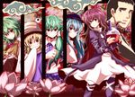  5girls ascot blonde_hair blue_hair bowl brother_and_sister detached_sleeves flower food frog fruit gradient_hair green_eyes green_hair hair_tubes hat hijiri_byakuren hijiri_myouren hinanawi_tenshi kazami_yuuka kochiya_sanae kuso_miso_technique long_hair lotus moriya_suwako multicolored_hair multiple_girls odd_one_out parody peach plaid plaid_skirt plaid_vest red_eyes rice rice_bowl short_hair siblings skirt skirt_set snake tori_rui touhou umbrella vest yellow_eyes 