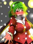  :o adapted_costume blush breasts breath earmuffs flower green_hair impossible_clothes kazami_yuuka large_breasts looking_at_viewer night open_mouth outdoors plaid plaid_skirt red_eyes rindou_(p41neko) scarf shiny shiny_clothes short_hair shy skirt snow snowing solo sunflower touhou v-neck winter winter_clothes 