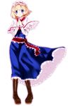 alice_margatroid blonde_hair blue_eyes blush boots capelet hairband hands_together own_hands_together short_hair solo takara_akihito touhou white_capelet 
