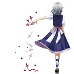  bad_id bad_pixiv_id chirigami-san from_behind izayoi_sakuya knife maid maid_headdress outstretched_arm petals rose_petals short_hair silver_hair simple_background solo standing touhou 