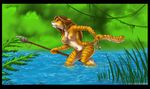  breasts cinnamonhunter feline female hunter mammal nude polearm sabertooth smilodon solo spear tiger tribal water wet 