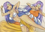  armlet armor armpits bare_shoulders bikini_armor bikini_top bracelet breasts card choker circlet cleavage dark_skin dragon_quest dragon_quest_iv dress floating_card jewelry large_breasts legband legs loincloth long_hair lowres mahito manya midriff minea multiple_girls navel open_mouth pelvic_curtain purple_hair red_eyes siblings sisters toned twins yellow_dress 