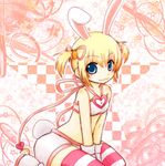  animal_ears blonde_hair blue_eyes bunny_ears bunny_tail carrot extra_ears gloves hair_ribbon midriff pangya parousa pipin ribbon short_hair short_twintails solo striped striped_legwear tail thighhighs twintails 