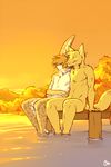  blue_eyes canine dock duo fox hybrid lagomorph mammal nipples orange_theme patto rabbit sky smile sunset water yellow yellow_theme 