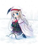  blonde_hair blue_eyes blush cap christmas hair_ornament hat kud_wafter little_busters! mouth_hold na-ga noumi_kudryavka ribbon skirt snow thighhighs zettai_ryouiki 