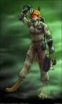  2008 canine caro_b claws clothed dhole female ghostbusters green_eyes paws simple_background solo standing suit tail 