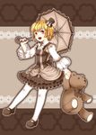  :d alternate_costume blonde_hair blush bow dress fang frills full_body hat higurashi_no_naku_koro_ni houjou_satoko lolita_fashion mini_hat mini_top_hat misumi_kouji open_mouth pantyhose red_eyes short_hair smile solo standing standing_on_one_leg stuffed_animal stuffed_toy teddy_bear top_hat umbrella 