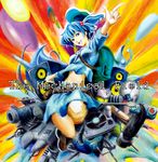  :d album_cover backpack bag blue_eyes blue_hair breasts cover disc_(object) faux_traditional_media hammer kawashiro_nitori key looking_at_viewer medium_breasts navel open_mouth savan skirt smile solo touhou two_side_up v-shaped_eyebrows 