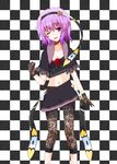  alternate_costume bad_id bad_pixiv_id blush breasts checkered checkered_background cleavage flower gloves gothic hairband heart komeiji_satori leggings lilac_(p-f_easy) midriff navel one_eye_closed print_gloves print_legwear purple_eyes purple_hair red_flower red_rose rose shawl short_hair small_breasts solo touhou 