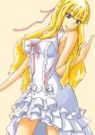  absurdres blonde_hair blue_eyes breasts come_hither dress evangeline_a_k_mcdowell evangeline_a_k_mcdowell_(adult) grin highres long_hair mahou_sensei_negima! medium_breasts mega_milk older smile solo taka_akatsuki white_dress 