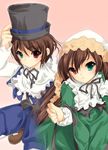  brown_hair dress garickson green_eyes hat headdress heterochromia long_hair multiple_girls pantyhose red_eyes rozen_maiden short_hair siblings sisters souseiseki suiseiseki top_hat twins white_legwear 