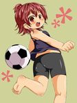  ass bad_id bad_pixiv_id ball barefoot bike_shorts blush feet hair_bobbles hair_ornament high_ponytail highres kneepits marui_futaba mitsudomoe red_eyes red_hair rihhi short_hair soccer_ball solo tank_top telstar 