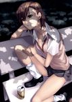  bench brown_eyes brown_hair can dappled_sunlight downblouse highres legs loafers loose_socks misaka_mikoto pua scan school_uniform shade shoes short_hair skirt socks solo sunlight sweater_vest to_aru_kagaku_no_railgun to_aru_majutsu_no_index white_legwear 