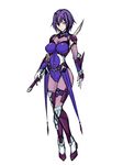  1girl armor artist_request black_beat bodysuit erect_nipples female katana ninja original purple_hair short_hair simple_background skin_tight skintight solo source_request sword weapon white_background 