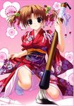  amatsu_misora_ni! breasts brown_hair brush floral_print flower furisode highres japanese_clothes kanzaki_miyu kimono large_breasts panties pink_background purple_eyes shintarou short_twintails solo striped striped_panties tabi twintails underwear 