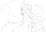  animal_ears fox_ears greyscale japanese_clothes lineart monochrome multiple_tails original smile solo tail transparent_background yu-ves 