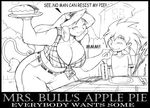  apple_pie big_breasts blush bovine bra breasts cow ear_piercing earring female glass human male monochrome pie piercing placemat plate shonuff straw table tablecloth tail 