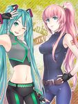  aqua_eyes aqua_hair belt fingerless_gloves gloves hatsune_miku long_hair megurine_luka midriff multiple_girls navel ohse one_eye_closed pink_hair ponytail project_diva project_diva_(series) project_diva_2nd twintails very_long_hair vocaloid zipper 