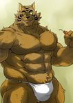 bulge dandoo drink feline looking_at_viewer male muscles solo stripes sweat thong tiger underwear 