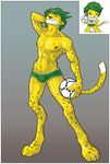  2010 bulge eyes_closed feline green_eyes green_hair hair leopard male mascot muscles nipples pose short_hair soccer solo south_africa standing tail topless underwear world_cup zakumi 